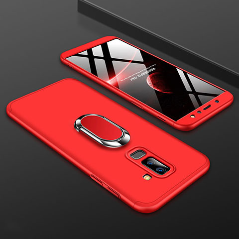 Funda Dura Plastico Rigida Carcasa Mate Frontal y Trasera 360 Grados con Anillo de dedo Soporte para Samsung Galaxy A6 Plus (2018) Rojo