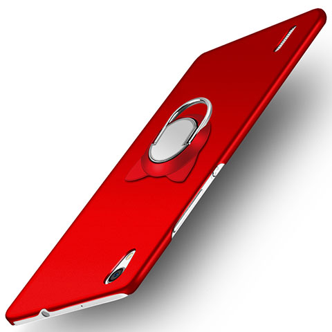 Funda Dura Plastico Rigida Mate con Anillo de dedo Soporte para Huawei P7 Dual SIM Rojo