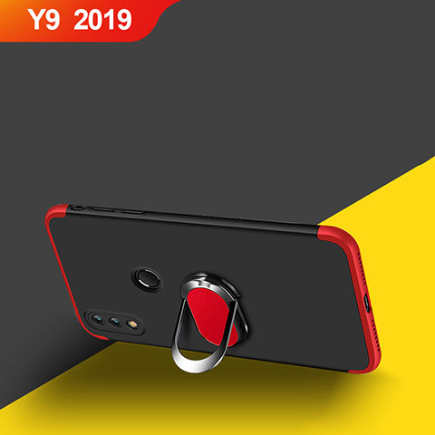Funda Dura Plastico Rigida Mate Frontal y Trasera 360 Grados con Magnetico Anillo de dedo Soporte para Huawei Y9 (2019) Rojo y Negro
