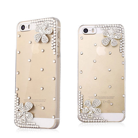 Funda Dura Rigida Lujo Diamante Brillante Flores para Apple iPhone 5 Blanco