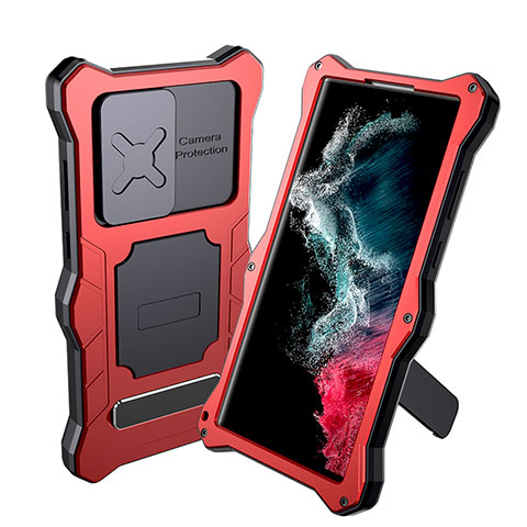 Funda Impermeable Bumper Silicona y Plastico Waterproof Carcasa 360 Grados con Soporte para Samsung Galaxy S21 Ultra 5G Rojo