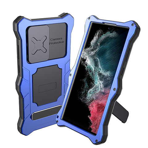 Funda Impermeable Bumper Silicona y Plastico Waterproof Carcasa 360 Grados con Soporte para Samsung Galaxy S22 Ultra 5G Azul