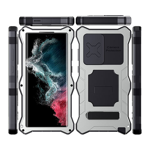 Funda Impermeable Bumper Silicona y Plastico Waterproof Carcasa 360 Grados con Soporte T02 para Samsung Galaxy S21 Ultra 5G Plata