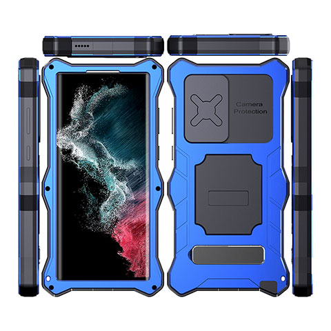 Funda Impermeable Bumper Silicona y Plastico Waterproof Carcasa 360 Grados con Soporte T02 para Samsung Galaxy S22 Ultra 5G Azul