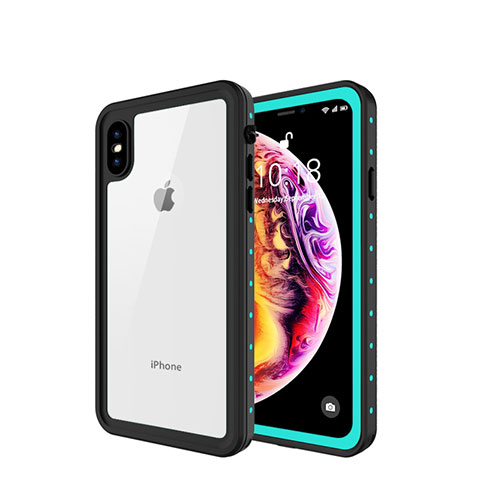 Funda Impermeable Bumper Silicona y Plastico Waterproof Carcasa 360 Grados W01 para Apple iPhone Xs Cian
