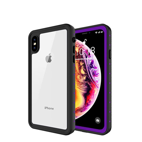 Funda Impermeable Bumper Silicona y Plastico Waterproof Carcasa 360 Grados W01 para Apple iPhone Xs Morado