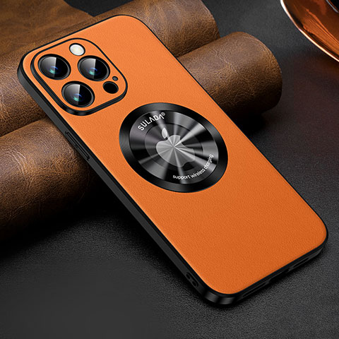 Funda Lujo Cuero Carcasa con Mag-Safe Magnetic LD2 para Apple iPhone 13 Pro Naranja