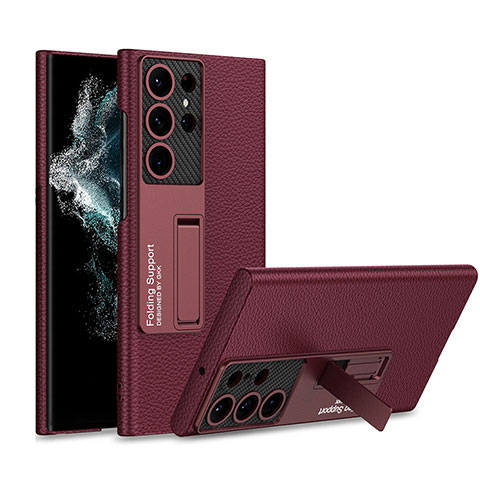 Funda Lujo Cuero Carcasa con Soporte AC1 para Samsung Galaxy S22 Ultra 5G Rojo