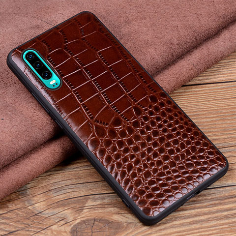 Funda Lujo Cuero Carcasa R01 para Huawei P30 Marron