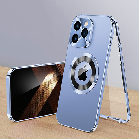 Funda Lujo Marco de Aluminio Carcasa 360 Grados con Mag-Safe Magnetic P01 para Apple iPhone 13 Pro Azul