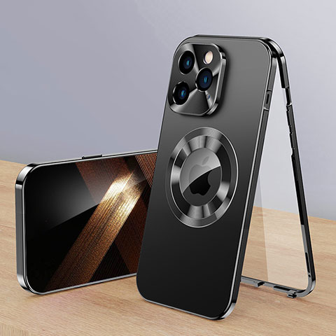 Funda Lujo Marco de Aluminio Carcasa 360 Grados con Mag-Safe Magnetic P01 para Apple iPhone 13 Pro Negro
