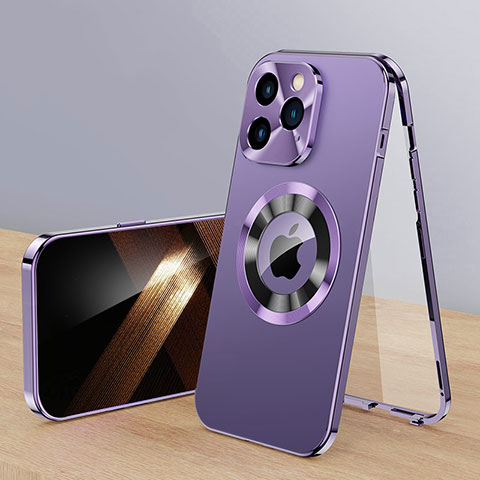 Funda Lujo Marco de Aluminio Carcasa 360 Grados con Mag-Safe Magnetic P01 para Apple iPhone 14 Pro Morado