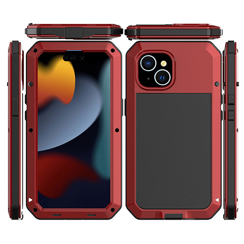Funda Lujo Marco de Aluminio Carcasa 360 Grados HJ1 para Apple iPhone 13 Rojo