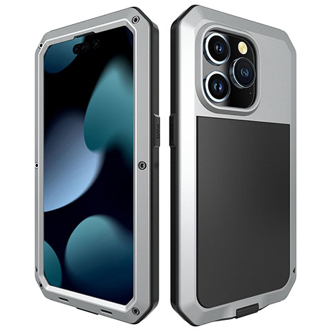 Funda Lujo Marco de Aluminio Carcasa 360 Grados HJ1 para Apple iPhone 14 Pro Plata