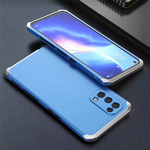 Funda Lujo Marco de Aluminio Carcasa 360 Grados M02 para Oppo Reno5 5G Plata y Azul