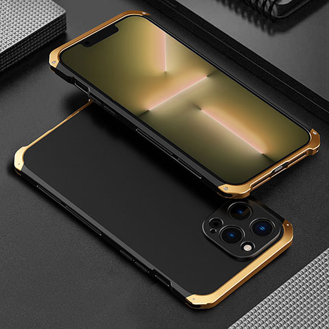 Funda Lujo Marco de Aluminio Carcasa 360 Grados para Apple iPhone 13 Pro Max Oro y Negro