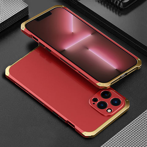 Funda Lujo Marco de Aluminio Carcasa 360 Grados para Apple iPhone 13 Pro Max Oro y Rojo