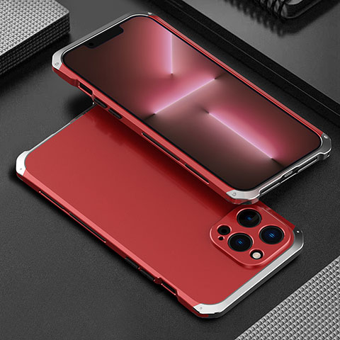 Funda Lujo Marco de Aluminio Carcasa 360 Grados para Apple iPhone 13 Pro Plata y Rojo
