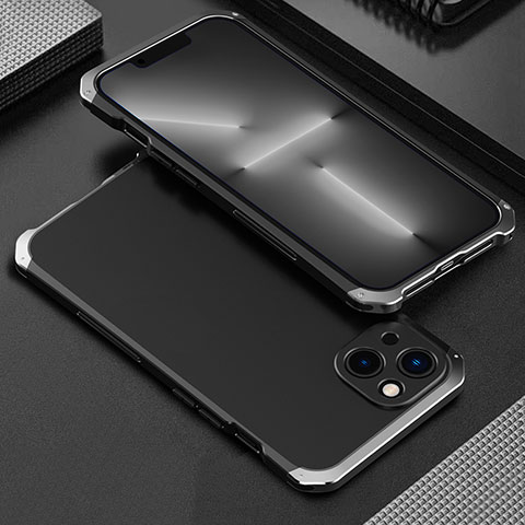 Funda Lujo Marco de Aluminio Carcasa 360 Grados para Apple iPhone 14 Plata y Negro