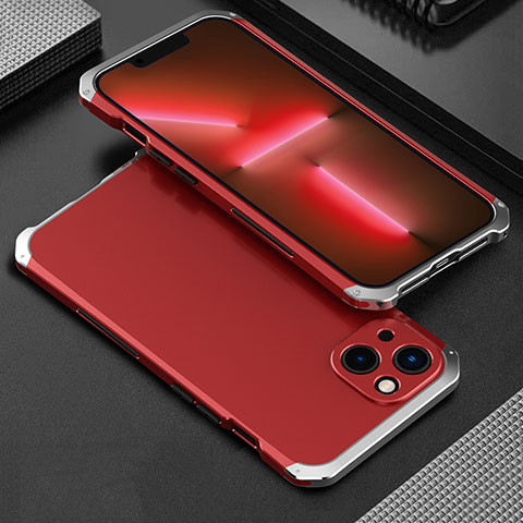 Funda Lujo Marco de Aluminio Carcasa 360 Grados para Apple iPhone 14 Plata y Rojo