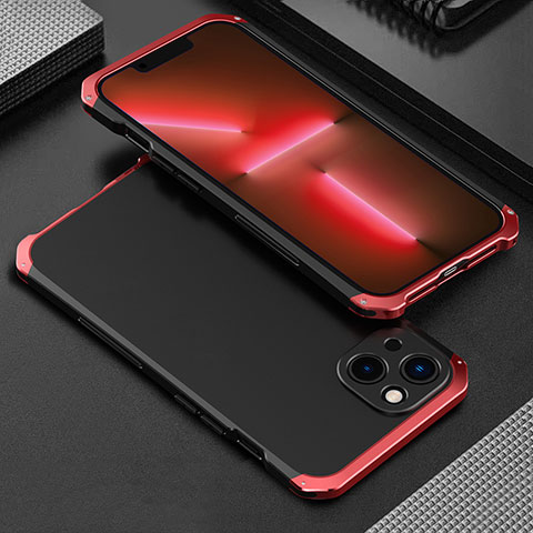 Funda Lujo Marco de Aluminio Carcasa 360 Grados para Apple iPhone 14 Plus Rojo y Negro