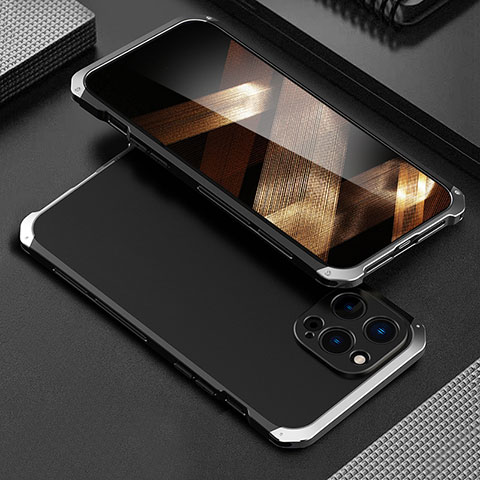 Funda Lujo Marco de Aluminio Carcasa 360 Grados para Apple iPhone 14 Pro Max Plata y Negro