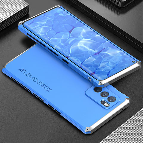 Funda Lujo Marco de Aluminio Carcasa 360 Grados para Oppo Reno6 Pro 5G India Plata y Azul