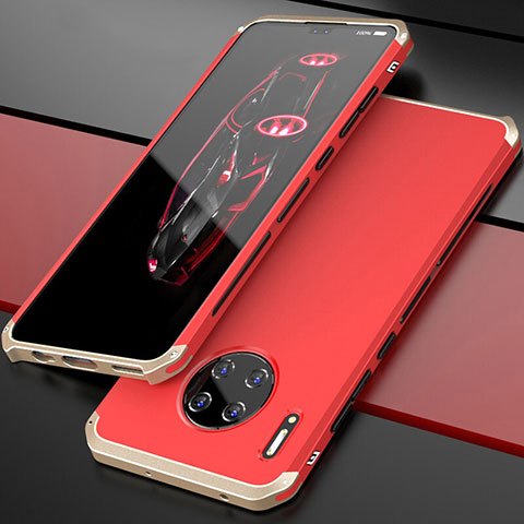 Funda Lujo Marco de Aluminio Carcasa T03 para Huawei Mate 30 Pro 5G Oro y Rojo