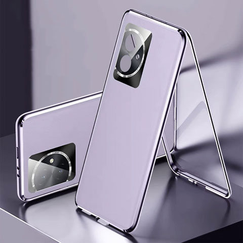 Funda Lujo Marco de Aluminio y Cuero Carcasa 360 Grados P01 para Huawei Honor 100 5G Morado