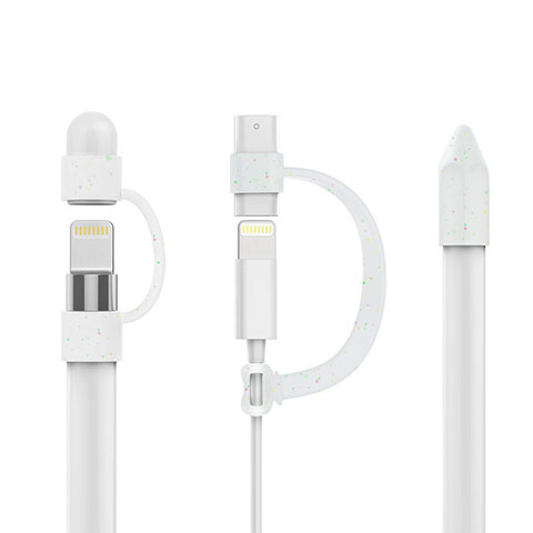 Funda Silicona Cap Tapa Soporte Punta Cubierta Cable Lightning Adaptador Tether Anti-Perdido P01 para Apple Pencil Blanco