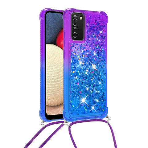 Funda Silicona Carcasa Goma Bling-Bling con Acollador Cordon Lanyard S01 para Samsung Galaxy A02s Morado