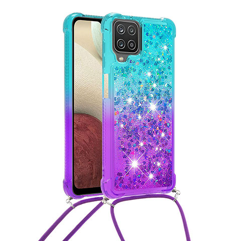 Funda Silicona Carcasa Goma Bling-Bling con Acollador Cordon Lanyard S01 para Samsung Galaxy A12 Nacho Azul Cielo