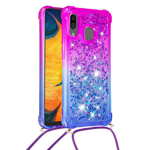 Funda Silicona Carcasa Goma Bling-Bling con Acollador Cordon Lanyard S01 para Samsung Galaxy A20 Morado