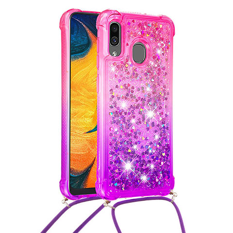 Funda Silicona Carcasa Goma Bling-Bling con Acollador Cordon Lanyard S01 para Samsung Galaxy A20 Rosa Roja