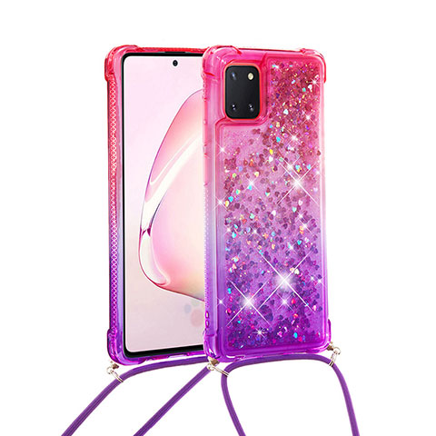 Funda Silicona Carcasa Goma Bling-Bling con Acollador Cordon Lanyard S01 para Samsung Galaxy A81 Rosa Roja