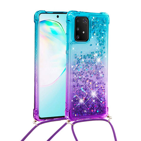 Funda Silicona Carcasa Goma Bling-Bling con Acollador Cordon Lanyard S01 para Samsung Galaxy A91 Azul Cielo