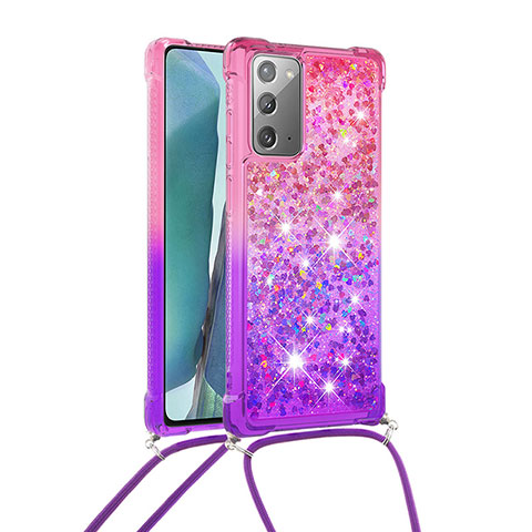 Funda Silicona Carcasa Goma Bling-Bling con Acollador Cordon Lanyard S01 para Samsung Galaxy Note 20 5G Rosa Roja