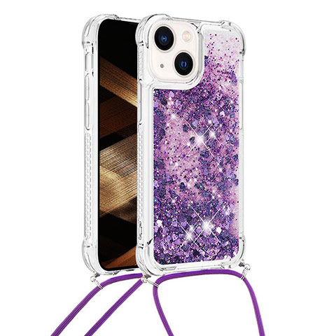 Funda Silicona Carcasa Goma Bling-Bling con Acollador Cordon Lanyard S02 para Apple iPhone 13 Morado