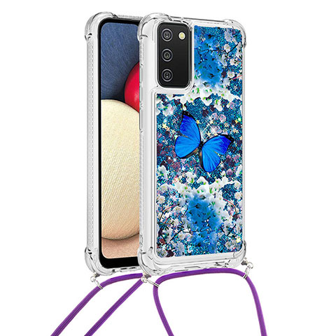 Funda Silicona Carcasa Goma Bling-Bling con Acollador Cordon Lanyard S02 para Samsung Galaxy A02s Azul