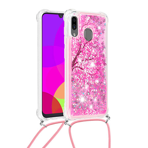 Funda Silicona Carcasa Goma Bling-Bling con Acollador Cordon Lanyard S02 para Samsung Galaxy A20 Rosa Roja