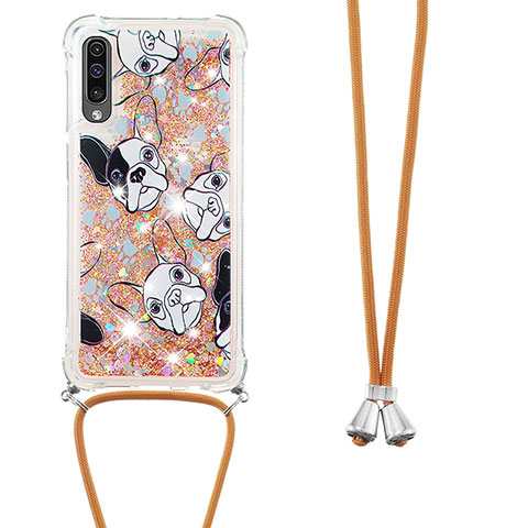 Funda Silicona Carcasa Goma Bling-Bling con Acollador Cordon Lanyard S02 para Samsung Galaxy A50S Oro