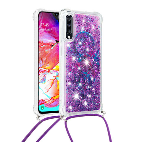 Funda Silicona Carcasa Goma Bling-Bling con Acollador Cordon Lanyard S02 para Samsung Galaxy A70S Morado