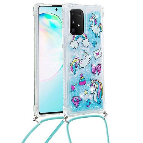 Funda Silicona Carcasa Goma Bling-Bling con Acollador Cordon Lanyard S02 para Samsung Galaxy A91 Azul Cielo