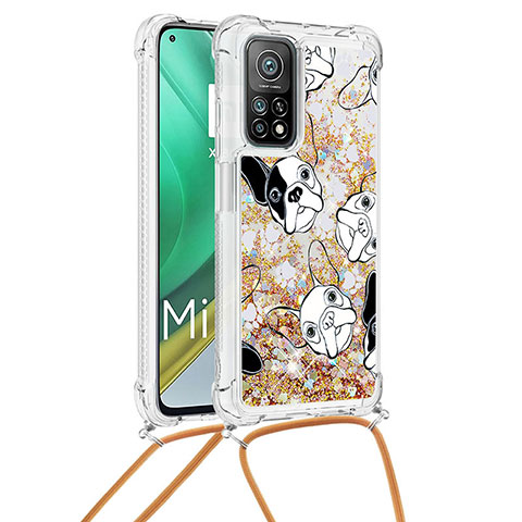 Funda Silicona Carcasa Goma Bling-Bling con Acollador Cordon Lanyard S02 para Xiaomi Mi 10T 5G Oro