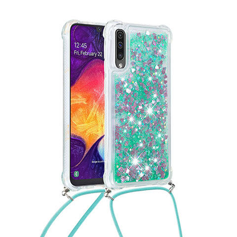 Funda Silicona Carcasa Goma Bling-Bling con Acollador Cordon Lanyard S03 para Samsung Galaxy A50 Verde