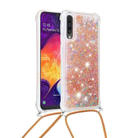 Funda Silicona Carcasa Goma Bling-Bling con Acollador Cordon Lanyard S03 para Samsung Galaxy A50S Oro