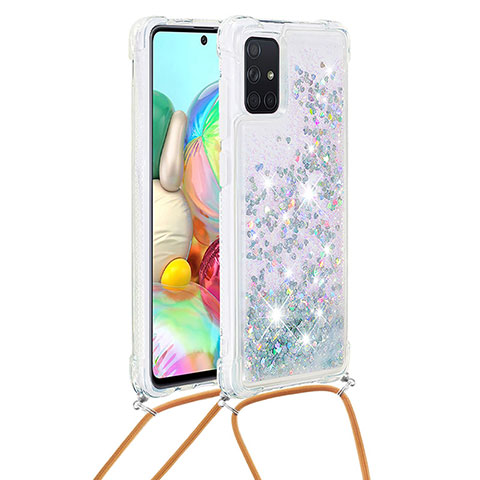 Funda Silicona Carcasa Goma Bling-Bling con Acollador Cordon Lanyard S03 para Samsung Galaxy A71 4G A715 Plata