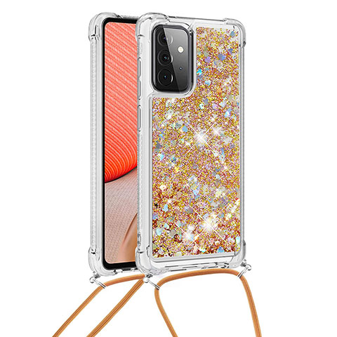 Funda Silicona Carcasa Goma Bling-Bling con Acollador Cordon Lanyard S03 para Samsung Galaxy A72 5G Oro