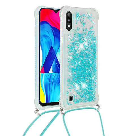 Funda Silicona Carcasa Goma Bling-Bling con Acollador Cordon Lanyard S03 para Samsung Galaxy M10 Azul Cielo