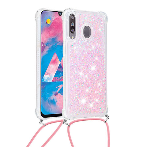 Funda Silicona Carcasa Goma Bling-Bling con Acollador Cordon Lanyard S03 para Samsung Galaxy M30 Rosa